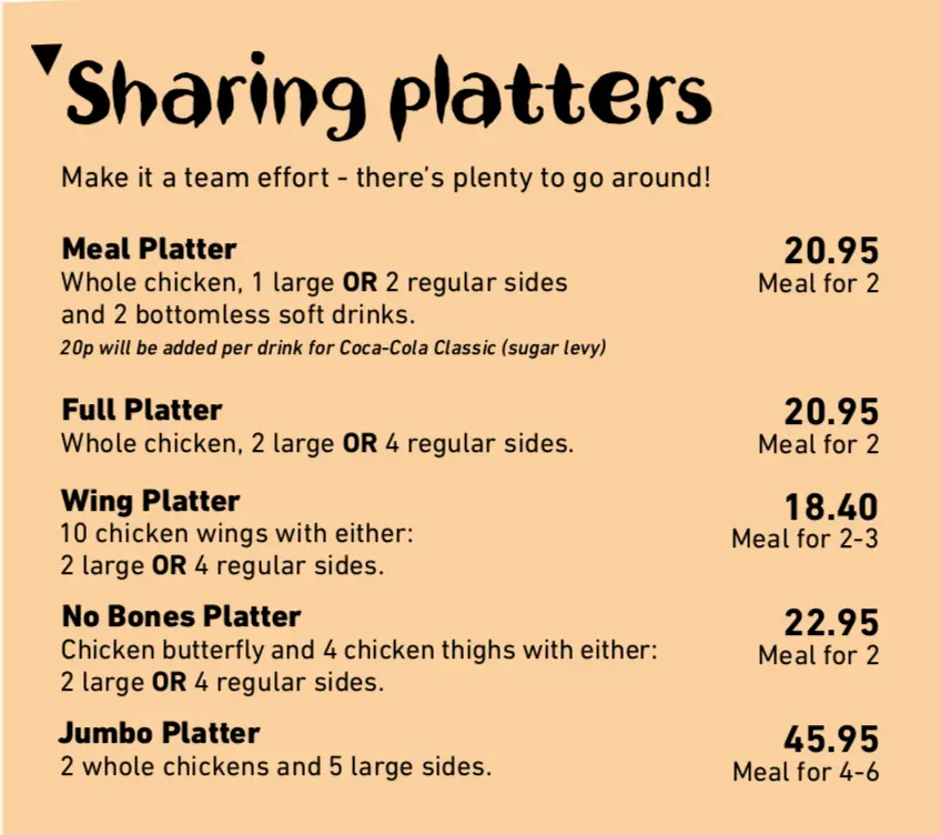 Nandos Peri Peri chicken menu Sharing Platters menu uk