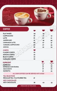 Costa Coffee UK Menu With Prices