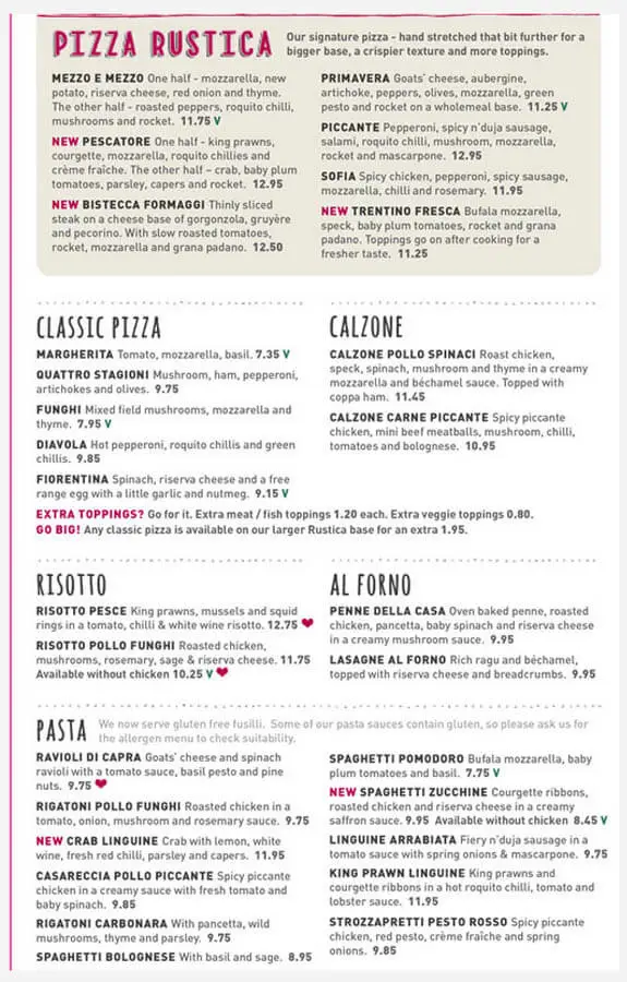 Zizzi Updated menu