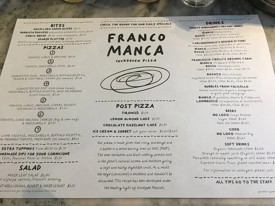 Updated Franco Manca menu Prices UK 
